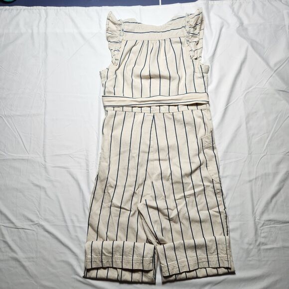 Anthropologie Womens 12 Heeda Ruffle Sleeve Striped Denim Jumpsuit Ivory Blue - Picture 3 of 9
